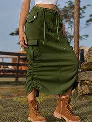 Drawstring Elasticity Pockets Solid Color Split-Back A-Line Loose Skirts Bottoms