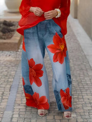Loose Wide Leg Flower Print Jean Pants Bottoms Trousers