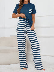 Women's Striped Patchwork Design T-Shirt Trousers Home Casual Two-Piece Set