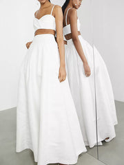 Spaghetti-Neck Top&Empire A-Line Skirt Solid Color Two-Piece Suit