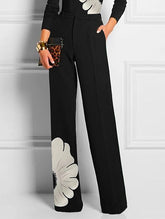 High Waisted Straight Leg Asymmetric Floral Printed Split-Joint Suit Pants