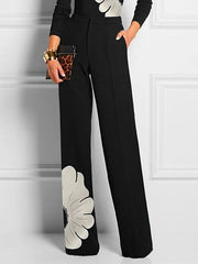 High Waisted Straight Leg Asymmetric Floral Printed Split-Joint Suit Pants