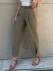 Belted Buttoned Pleated Pockets High Waisted Loose Suit Pants