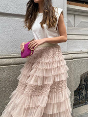 Solid Color Mesh Rufflrd Pleated A-Line Long Skirts