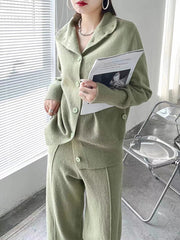 Urban Loose Solid Color Cardigan Tops & Wide Leg Split-Front Pants Suits