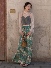 Loose Floral Printed Lace-Up Casual Pants Bottoms