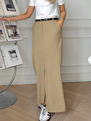 No Belt Pockets Solid Color Split-front Bodycon High Waisted Skirts Bottoms