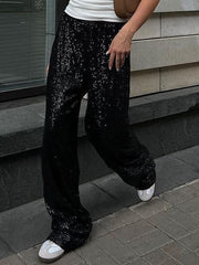 Elasticity Sequined Shiny Split-Joint Loose Straight Leg Trousers Pants