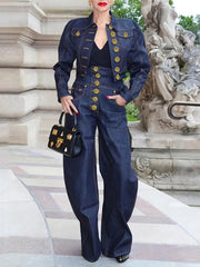 Buttoned Pockets High Waisted Loose Trousers Jean Pants Bottoms