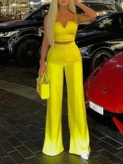 Spaghetti-Neck V-Neck Empire Wide Leg Pants Stylish Two-Piece Suit