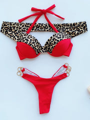 Hard Pack Leopard Pattern Hanging Neck Back Lacing Steel Support Split Swimwear