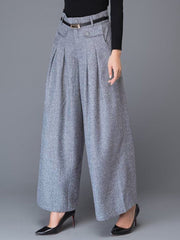 Loose Wide Leg Buttoned No Belt Pleated Pockets Solid Color Split-Joint Pants Trousers