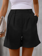 Pleated Pockets Solid Color High Waisted Loose Shorts Bottoms