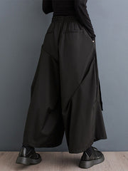 Elasticity Pleated Solid Color Split-Joint Streamer High Waisted Wide Leg Pants
