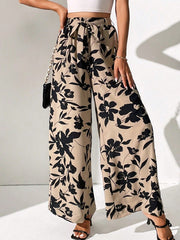 Elasticity Flower Print Tied Waist High Waisted Loose Trousers Pants