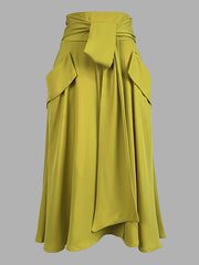 A-Line Loose Pockets Solid Color Split-Joint Tied Waist Skirts Bottoms