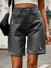 Buttoned Pockets High Waisted Loose Shorts Bottoms Jean Pants Bottoms