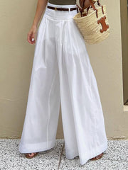 Belted Solid Color Loose Wide Leg Trousers Casual Pants Bottoms