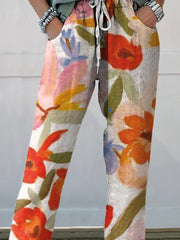 Women's Vintage Art Floral Printed Cotton And Linen Casual Pants