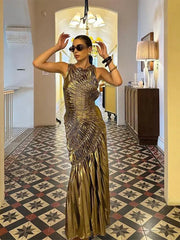 Chic Gold Pleated Bodycon Maxi Dress