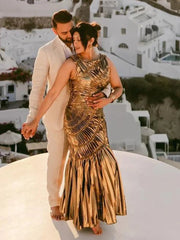 Chic Gold Pleated Bodycon Maxi Dress