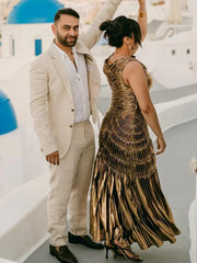 Chic Gold Pleated Bodycon Maxi Dress