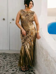 Chic Gold Pleated Bodycon Maxi Dress