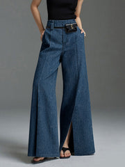 Wide Leg No Belt Solid Color Split-Front Jean Pants Bottoms Trousers