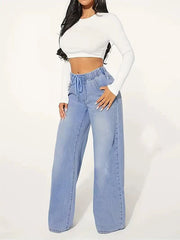 Drawstring Elasticity Split-Joint High Waisted Loose Jean Pants Bottoms