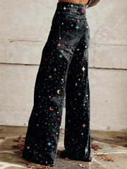 Women's Black Color Stars and Moon Print Casual Wide Leg Pants