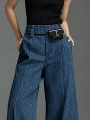 Wide Leg No Belt Solid Color Split-Front Jean Pants Bottoms Trousers