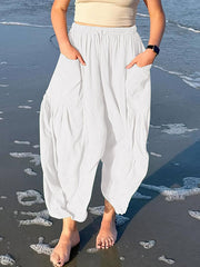 Drawstring Elasticity Pleated Pockets Solid Color High Waisted Loose Trousers Ninth Pants