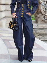 Buttoned Pockets High Waisted Loose Trousers Jean Pants Bottoms