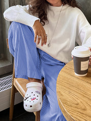 Buttoned Elasticity Split-Joint Striped Loose Wide Leg Trousers Pants