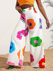 Elasticity Flower Print Split-Joint High Waisted Loose Trousers Pants