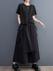 Solid Color Split-Joint Ninth Pants Wide Leg Casual Pants Bottoms