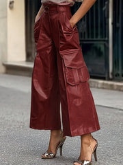 Pleated Pockets Solid Color Split-Joint Loose Wide Leg Trousers Pants