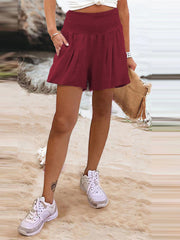 Elasticity Pleated Pockets Solid Color Split-Joint High Waisted Loose Shorts Bottoms