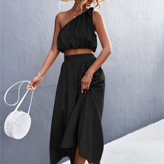 Zara Solid Color Tie Shoulder Slit Two Piece Dress