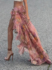 Floral Printed Ruffled Irregular Long Skirt