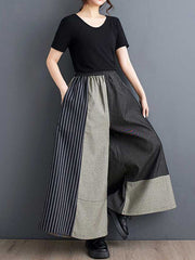 Elasticity Pockets Split-Joint Striped High Waisted Loose Trousers Pants