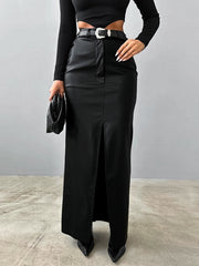Pockets Solid Color Split-Front Split-Joint Velvet Bodycon High Waisted Skirts Bottoms