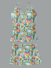 Women's V-Neck Retro Hippie Style Printed Suspender Skirt Split Swimsuit Skirt Suit Swimsuit