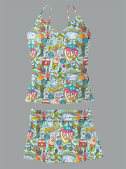 Women's V-Neck Retro Hippie Style Printed Suspender Skirt Split Swimsuit Skirt Suit Swimsuit