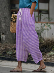 Women's Retro Striped Design Printed Lace-Up Elastic Waist Loose Casual Pants