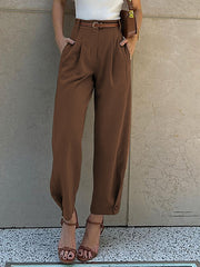 Belted Buttoned Pleated Pockets High Waisted Loose Suit Pants