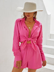 Lapel Single Breasted Long Sleeve Top Two Piece Shorts Sports Women Fashion Set