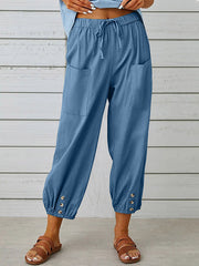 Buttoned Drawstring Elasticity Pockets Split-Joint High Waisted Loose Trousers Ninth Pants