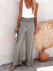 Buttoned Elasticity Solid Color Loose Wide Leg Trousers Pants