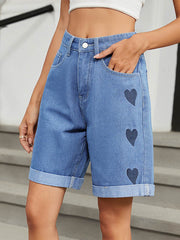 Buttoned Heart Print Pockets High Waisted Loose Jean Pants Bottoms Half Pants